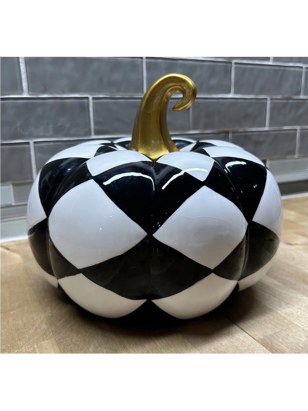 Black & White Harlequin Ceramic Pumpkin with Gold Stem - Decorative Accent
